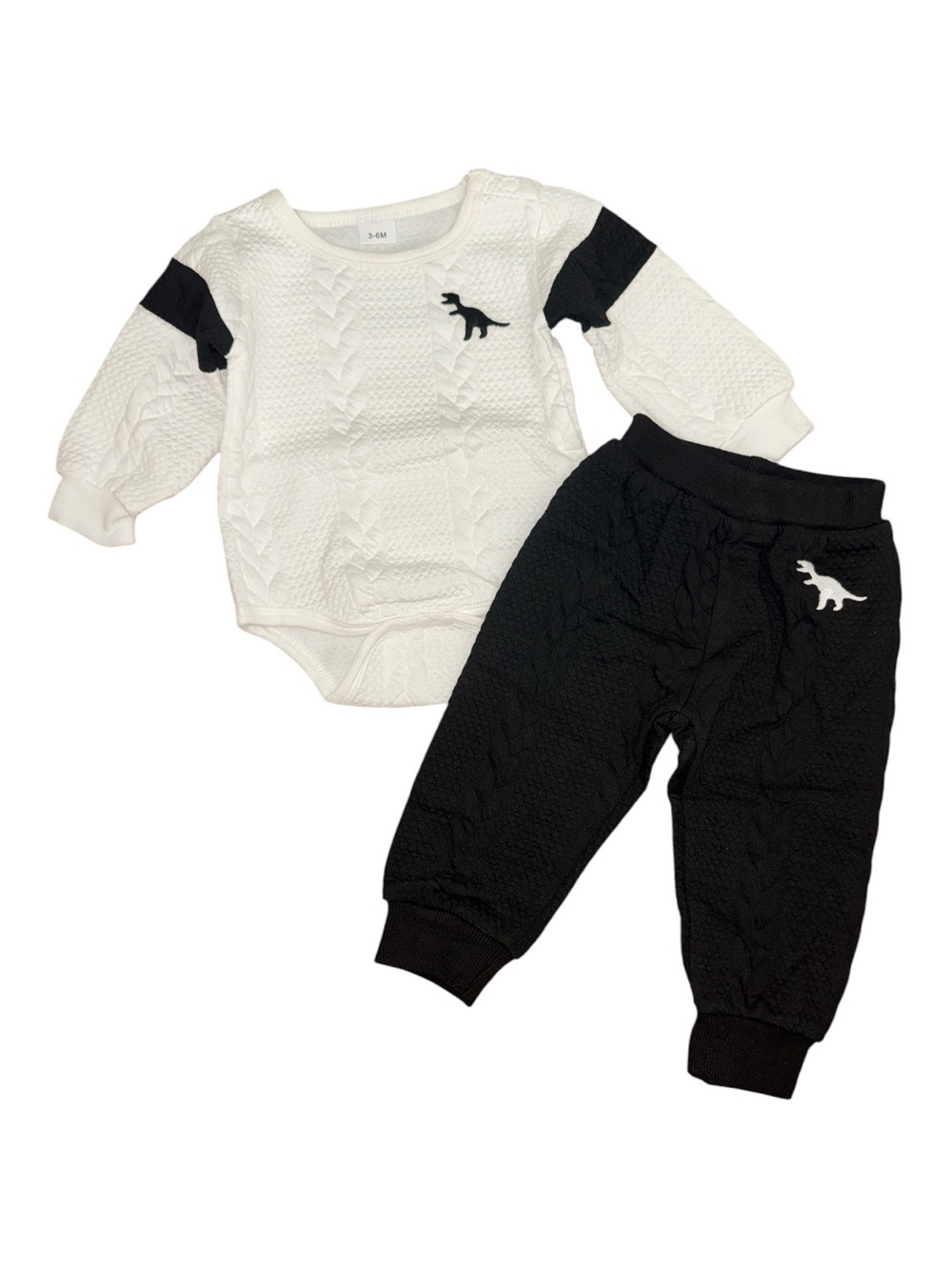 Infant Boy 3-6M Dinosaur Cable Knit Onesie Jogger Pants Outfit Set White NIP